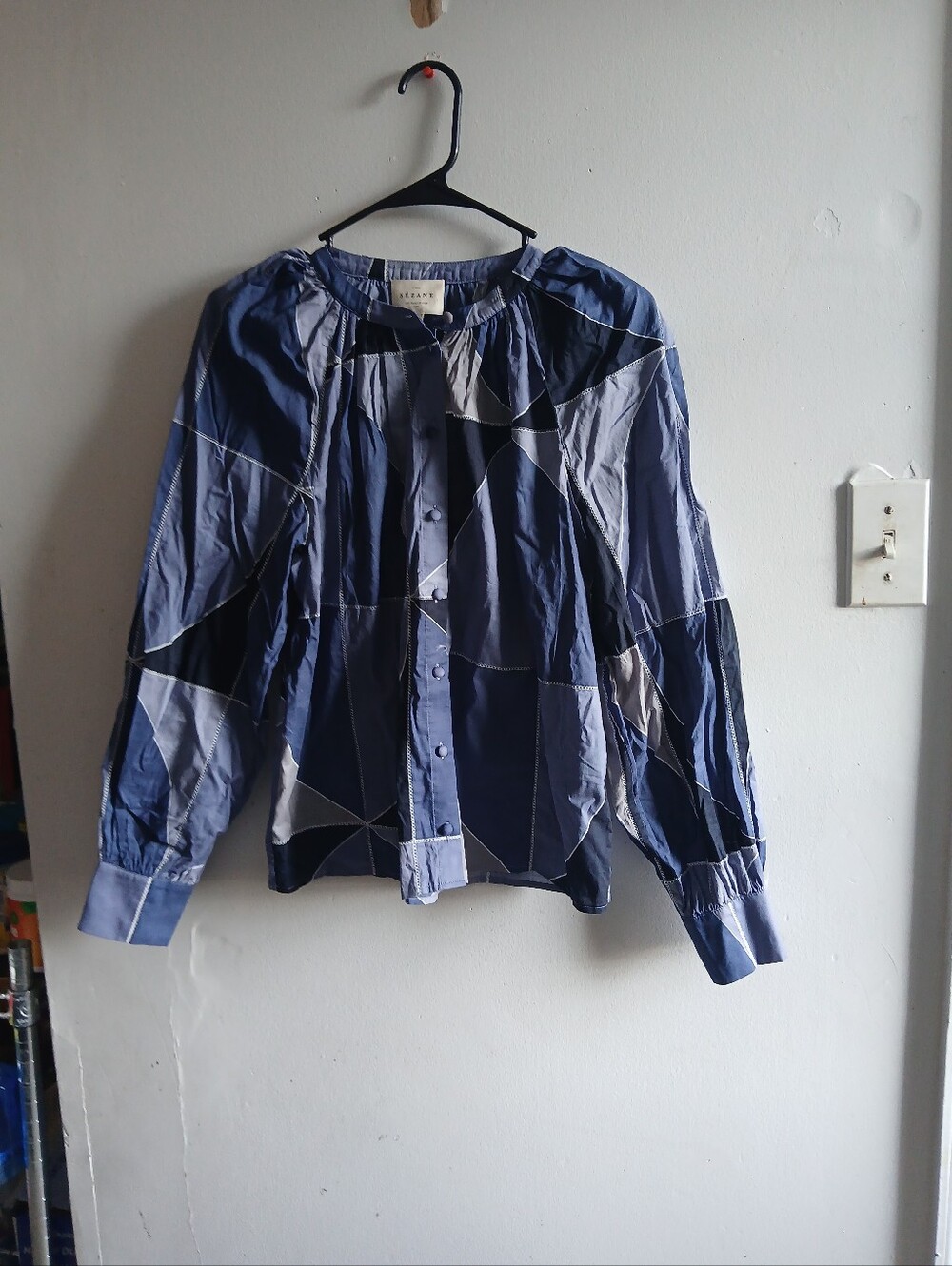 Sezane Navy and Light Blue Geometric Button-Front Blouse